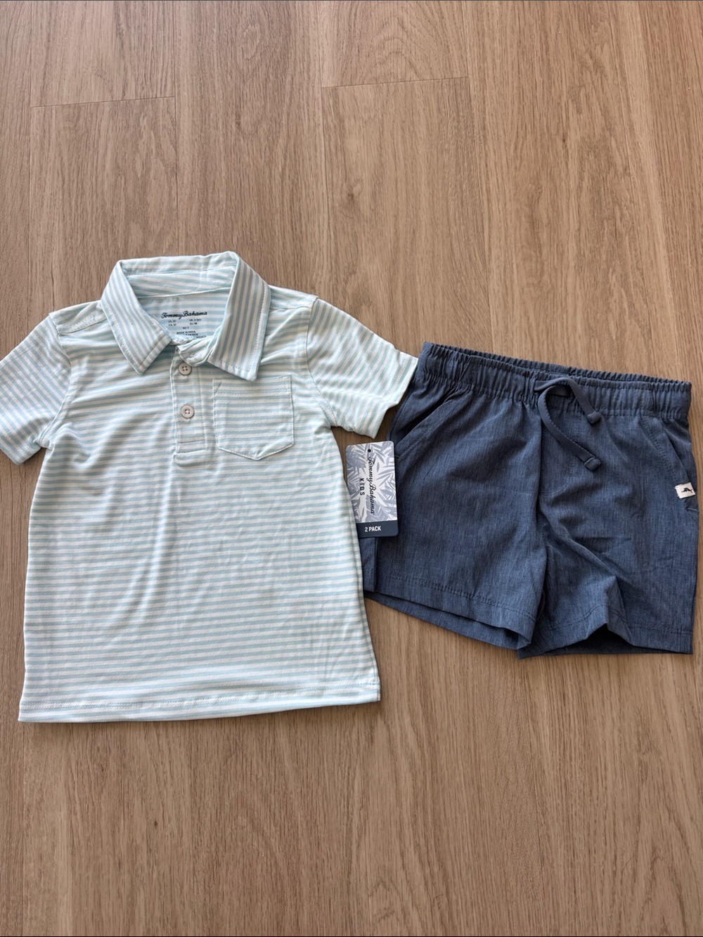 Tommy Bahama Kids Mint Stripe Polo with Navy Shorts